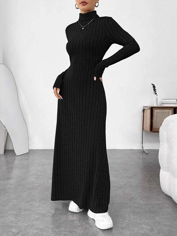 Olivia Bennet | Long Sleeves Pleated Solid Color Split-Joint High Neck Maxi Dresses