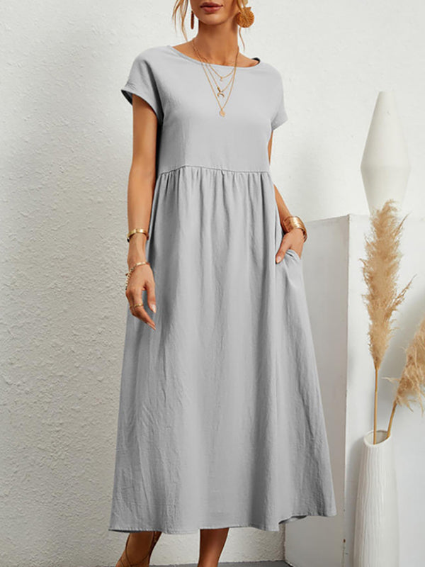 Olivia Bennet | Loose Short Sleeves Pleated Solid Color Round-Neck Midi Dresses