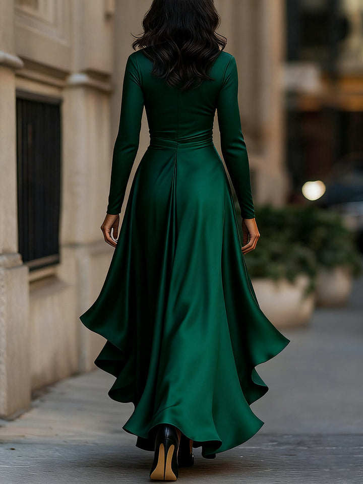 Olivia Bennet | Midnight Blue Draped Satin Maxi Dress With Ruffle Details