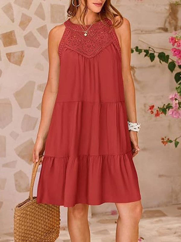 Olivia Bennet | A-Line Loose Hollow Pleated Solid Color Split-Joint Round-Neck Mini Dresses