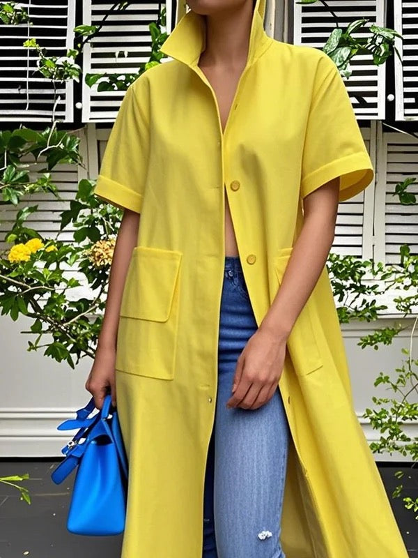 Olivia Bennet | Loose Short Sleeves Buttoned Pockets Solid Color Stand Collar Blouse Outerwear Midi Dress