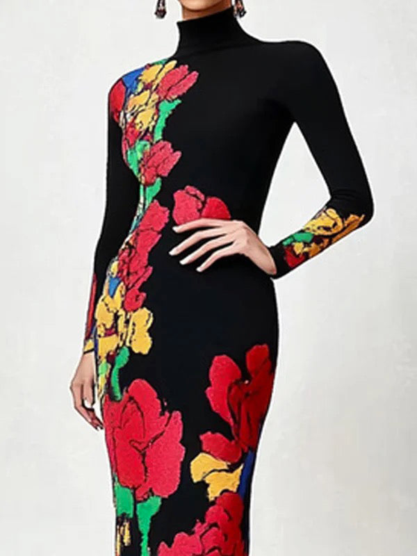 Olivia Bennet | Skinny Flower Print Multi-Colored High Neck Maxi Dresses