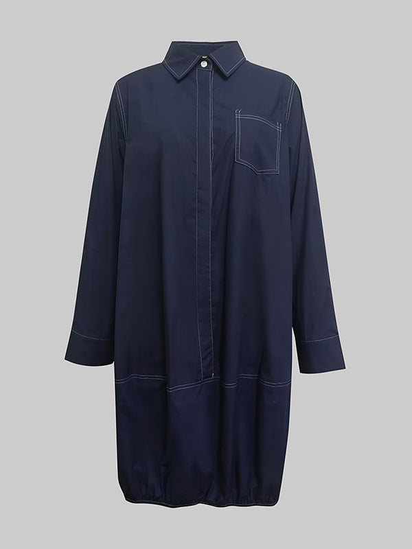 Olivia Bennet | Long Sleeves Loose Buttoned Pockets Solid Color Lapel Midi Dresses