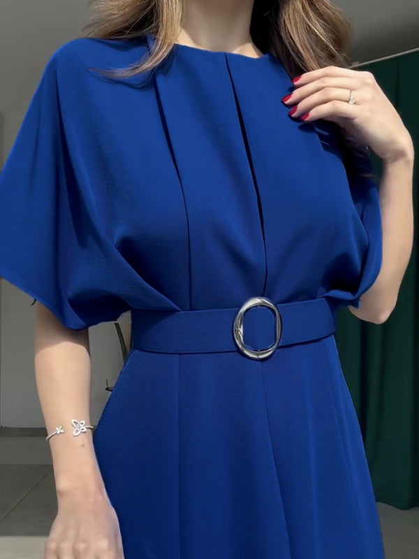 Olivia Bennet | Loose Raglan Sleeve Pleated Split-Front Split-Joint Tied Waist Round-Neck Maxi Dresses