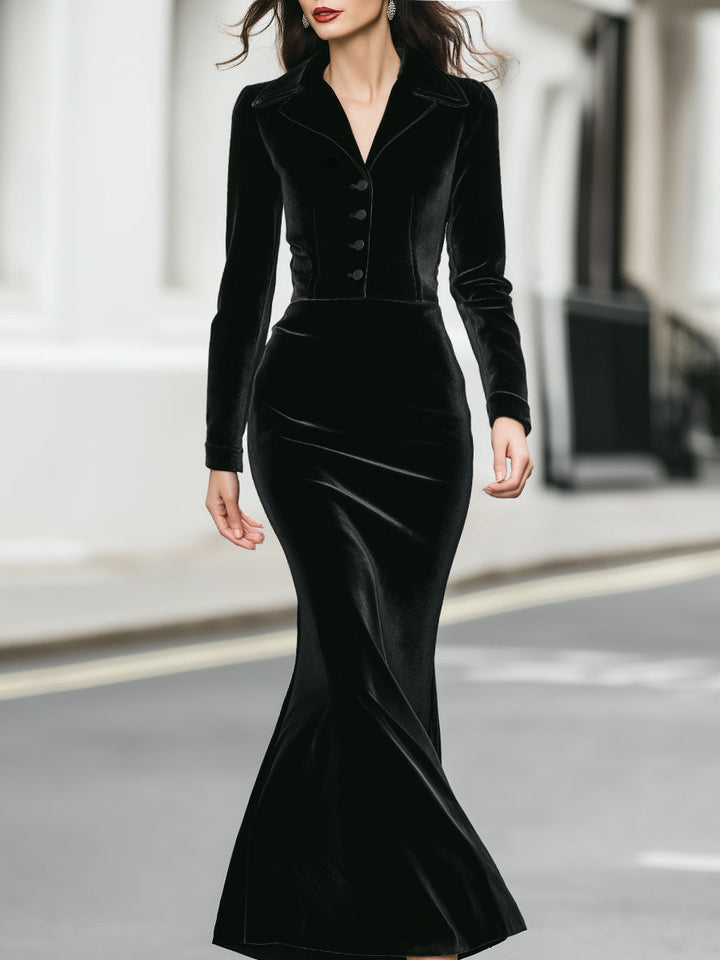 Olivia Bennet | Black Button-Front Mermaid Velvet Dress