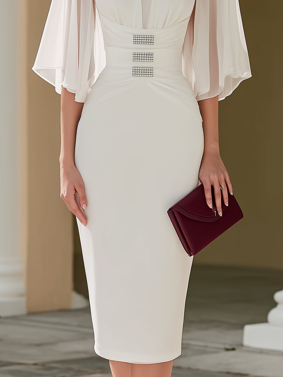 Olivia Bennet | Ivory Cape-Sleeve Embellished-Waist Midi Dress