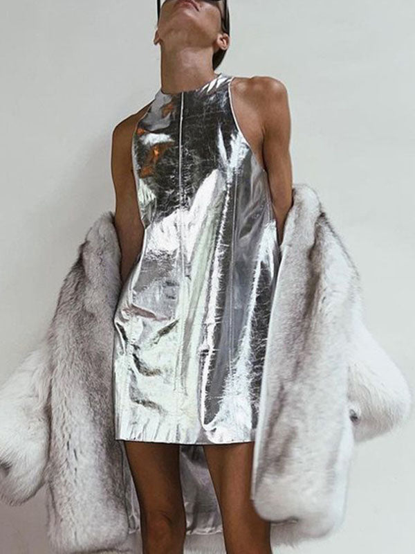 Olivia Bennet | A-line Loose Shiny Solid Color Zipper Round-neck Mini Dresses