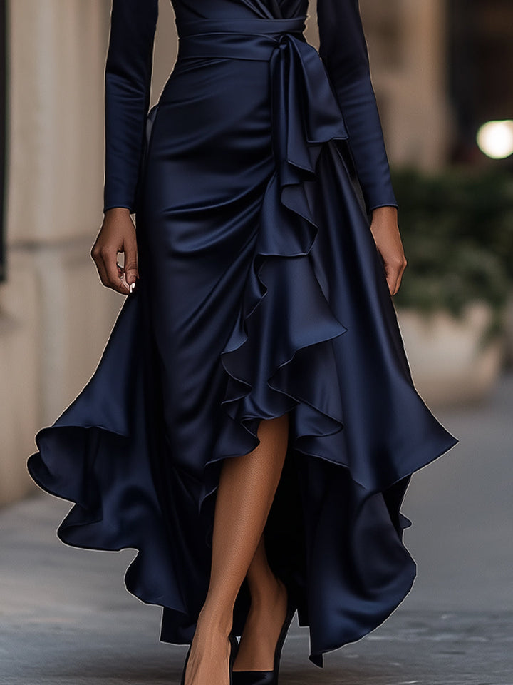 Olivia Bennet | Midnight Blue Draped Satin Maxi Dress With Ruffle Details