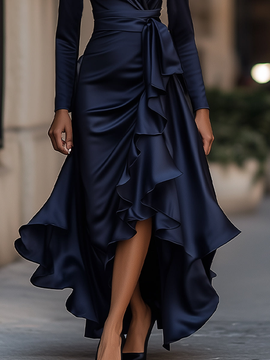 Olivia Bennet | Midnight Blue Draped Ruffled Satin Maxi Dress