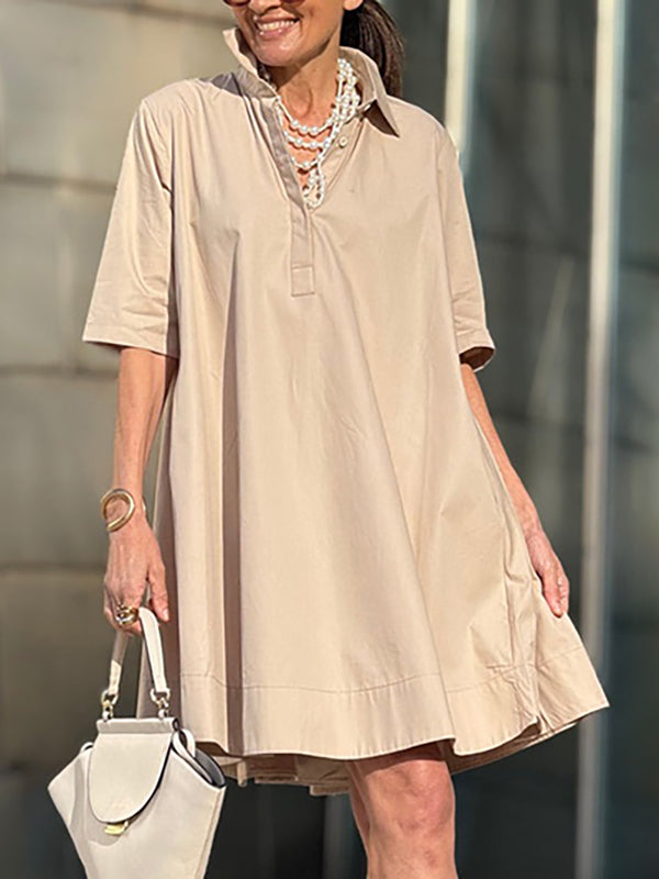 Olivia Bennet | A-Line Short Sleeves Solid Color Split-Joint Lapel Mini Dresses Shirt Dress