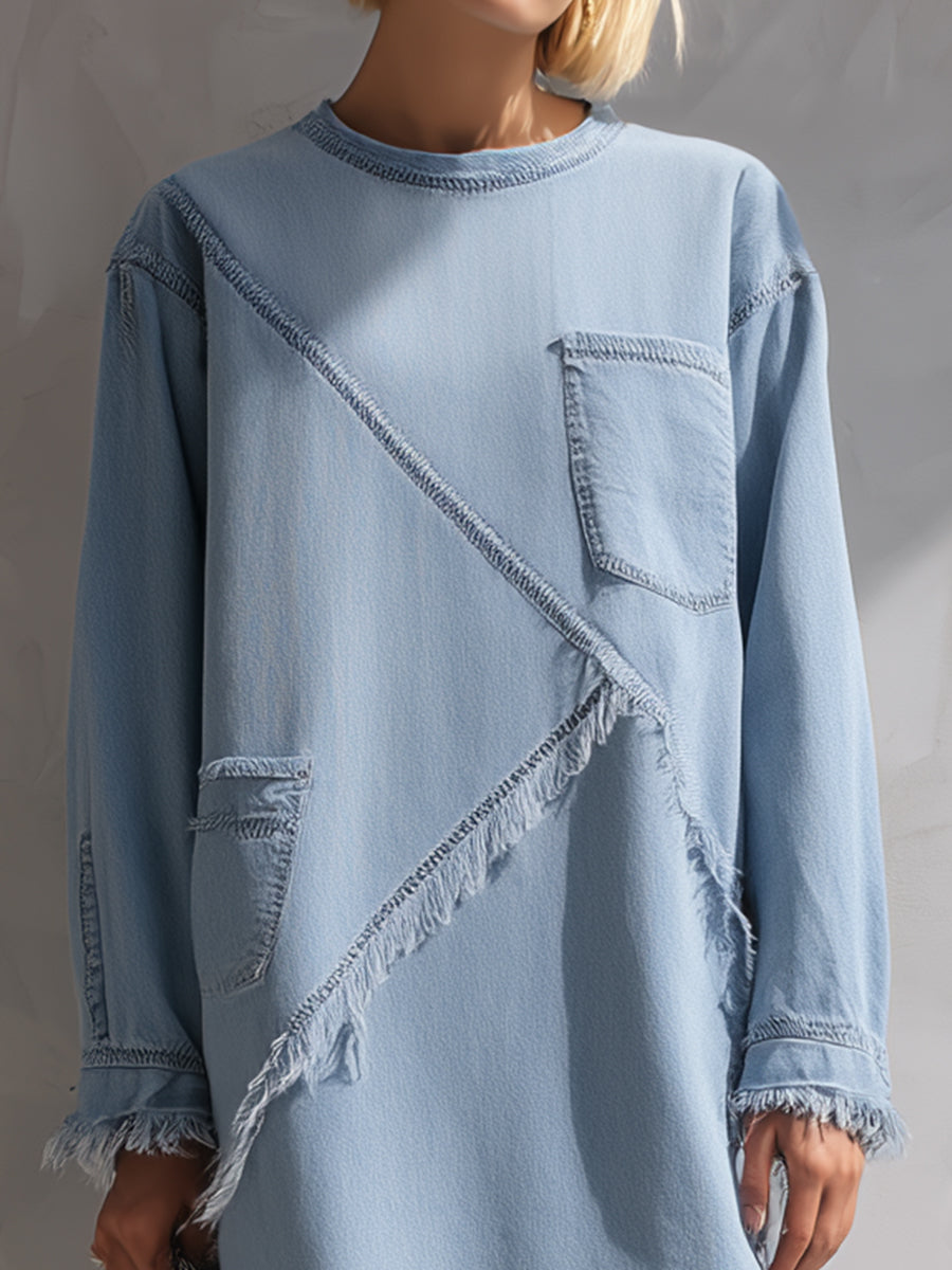 Olivia Bennet | Light Blue Raw-Edge Denim Mini Dress