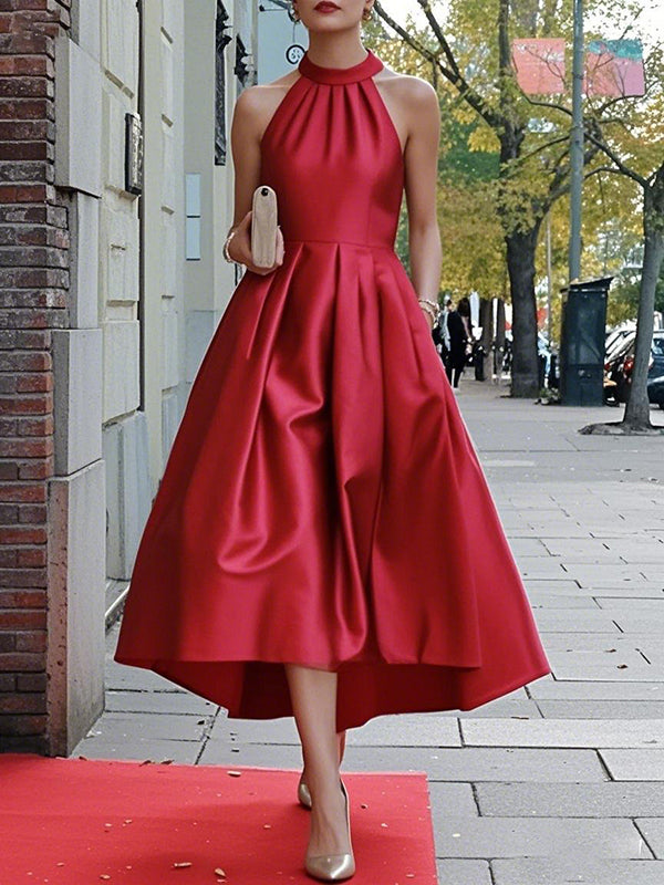 Olivia Bennet | A-Line High-Low High Waisted Pleated Pockets Solid Color Halter-Neck Maxi Dresses