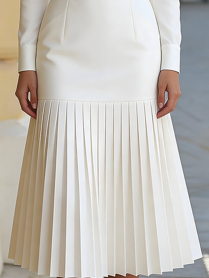 Olivia Bennet | Ivory High-Neck, Belted Pleated Chiffon Midi Dress