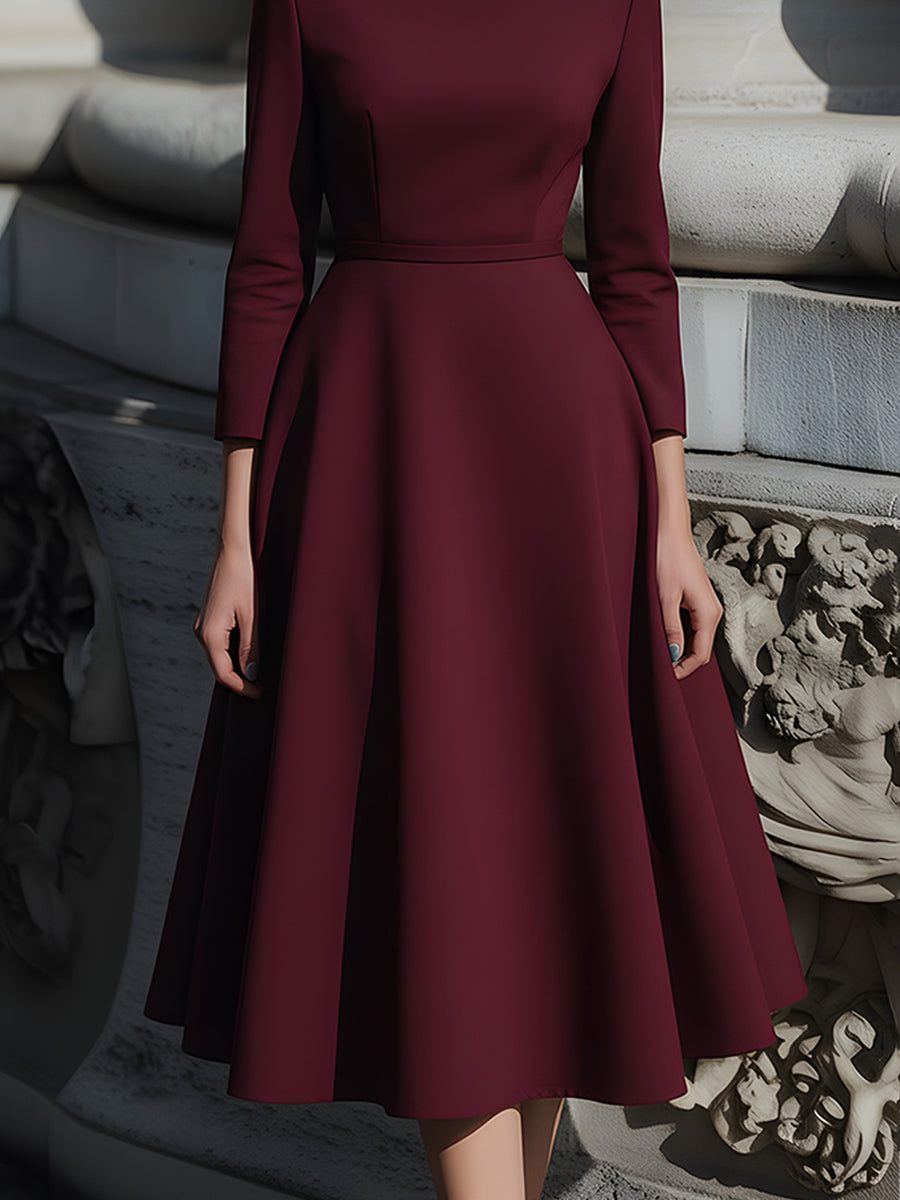 Olivia Bennet | Burgundy Structured Boat-Neck Midi Dress