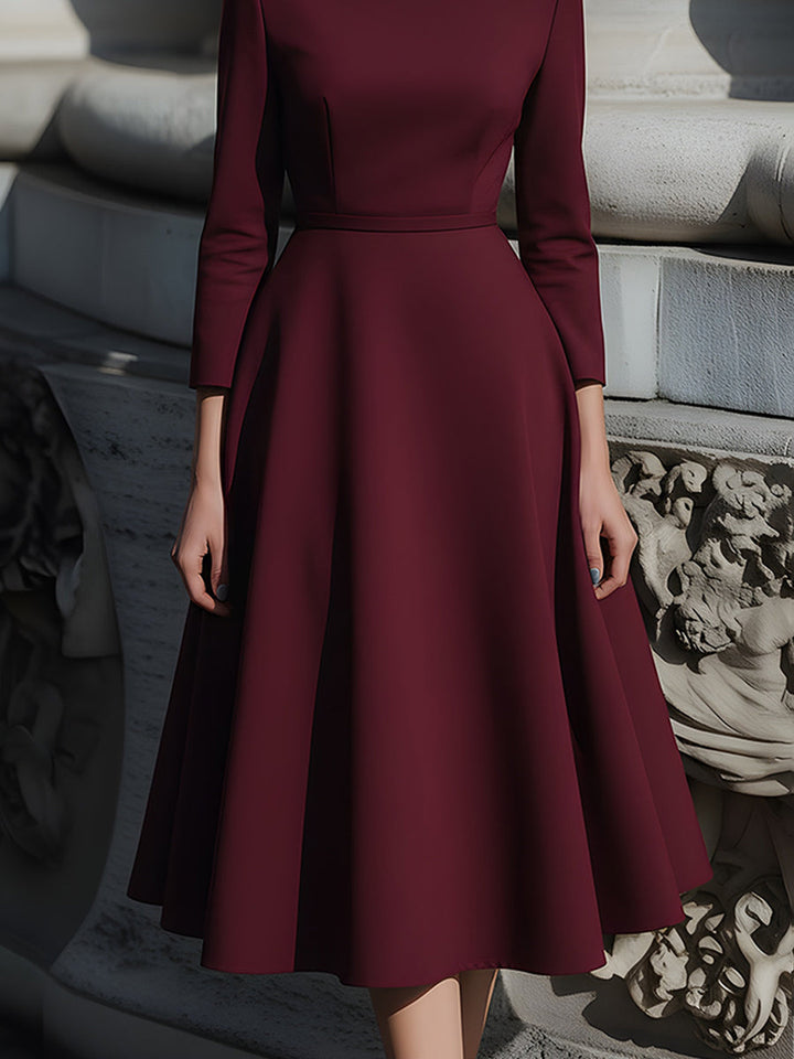 Olivia Bennet | Burgundy Structured Boat-Neck Midi Dress