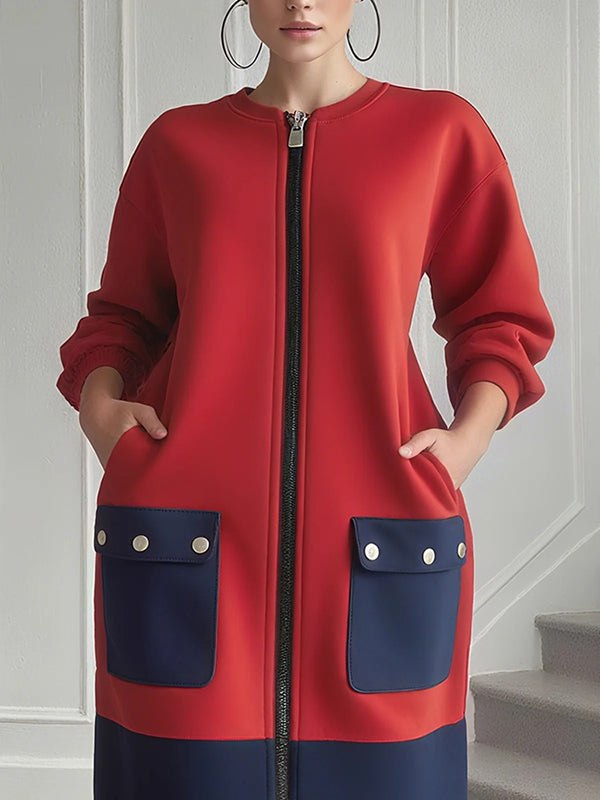 Olivia Bennet | Long Sleeves Loose Contrast Color Pockets Split-Joint Zipper Round-Neck Midi Dresses