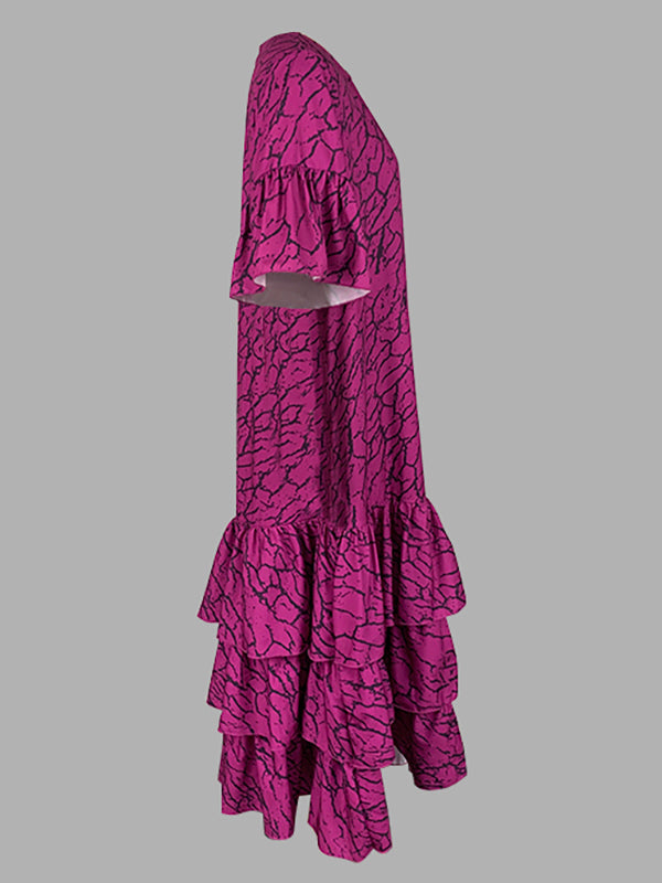 Olivia Bennet | Flared Sleeves Half Sleeves Asymmetric Layered Pleated Printed Ruffle Trim Round-Neck Maxi Dresses