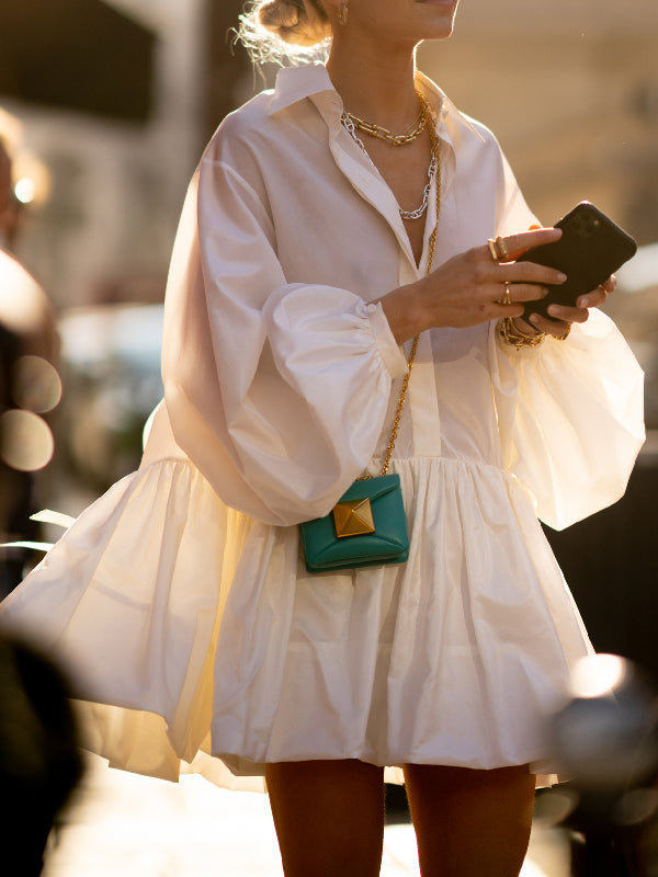 Olivia Bennet | Puff Sleeves Buttoned Solid Color Split-Joint Lapel Mini Dresses Shirt Dress