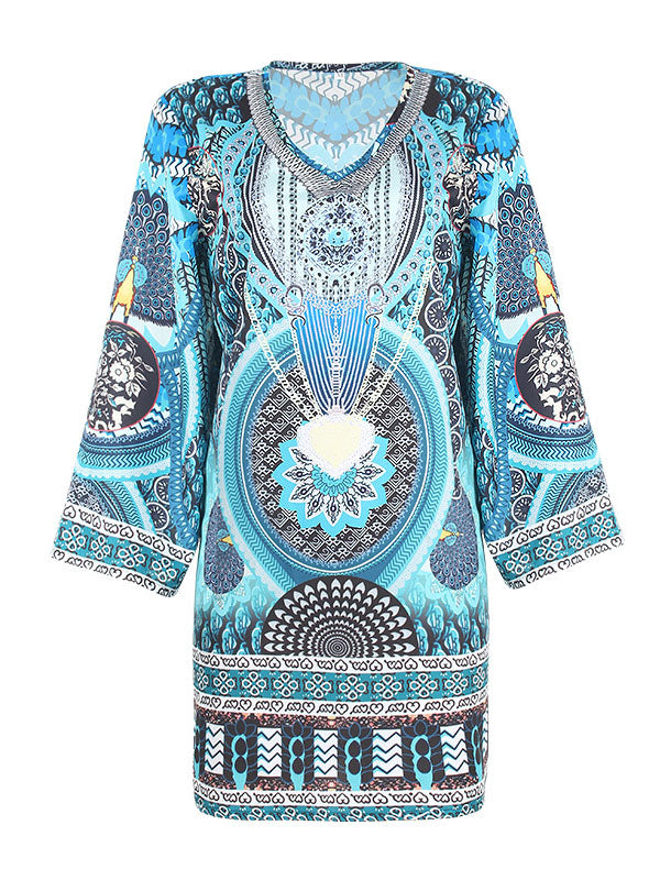 Olivia Bennet | A-Line Flared Sleeves Printed Split-Joint V-Neck Mini Dresses
