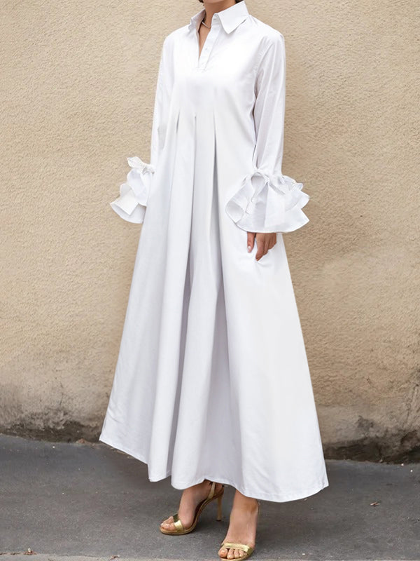 Olivia Bennet | Flared Sleeves Pleated Solid Color Split-Joint Lapel Maxi Dresses Shirt Dress