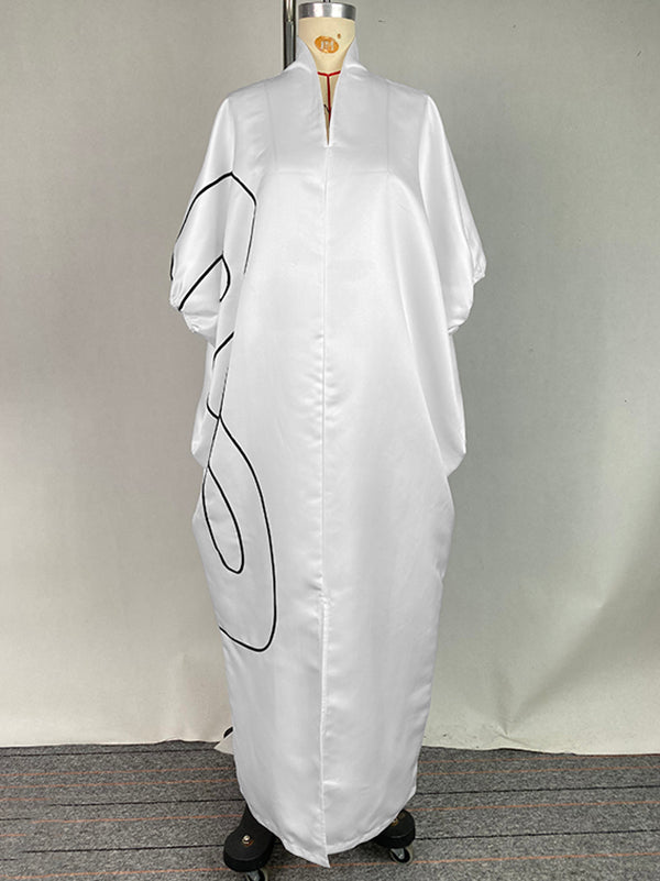 Olivia Bennet | Half Sleeves Loose Elasticity Printed Split-Front Stand Collar Maxi Dresses