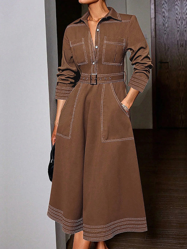 Olivia Bennet | Long Sleeves Loose Buttoned Elasticity Pockets Solid Color Lapel Maxi Dresses