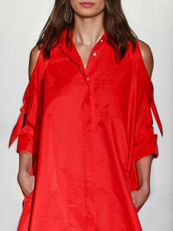 Olivia Bennet | Loose Solid Color Split-Joint Cold Shoulder Mini Dresses Shirt Dress