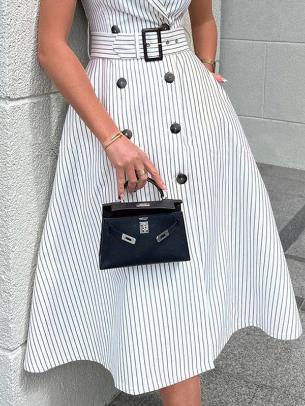 Olivia Bennet | A-Line Sleeveless Split-Joint Striped Tied Waist Lapel Midi Dresses Shirt Dress