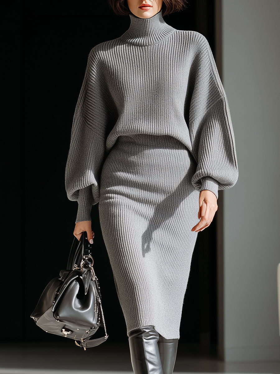 Olivia Bennet | Gray Ribbed Turtleneck Batwing Sweater Dress