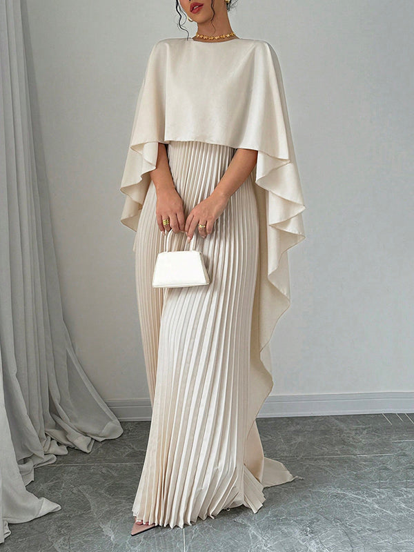 Olivia Bennet | Cape High-Low Pleated Solid Color Split-Joint Round-Neck Evening Dresses Maxi Dresses