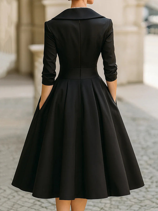 Olivia Bennet | A-Line Three-Quarter Sleeves Pleated Pockets Solid Color V-Neck Midi Dresses