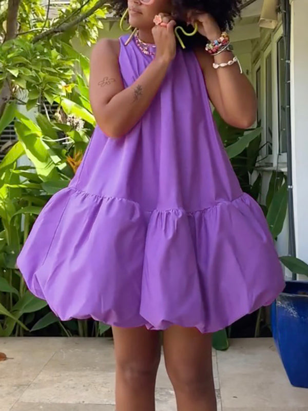Olivia Bennet | High Waisted Loose Pleated Solid Color Round-Neck Mini Dresses