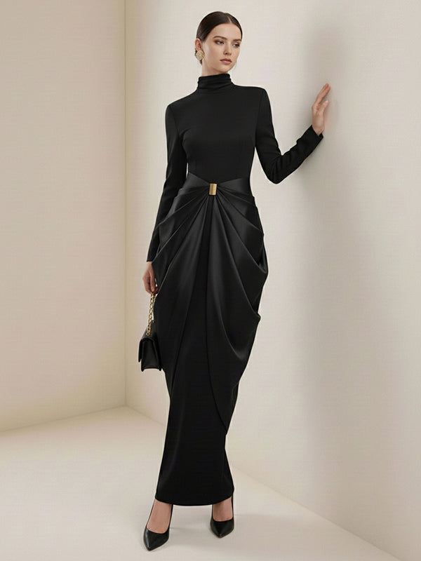 Olivia Bennet | Long Sleeves Buckle Draped High-Neck Evening Dresses Maxi Dresses