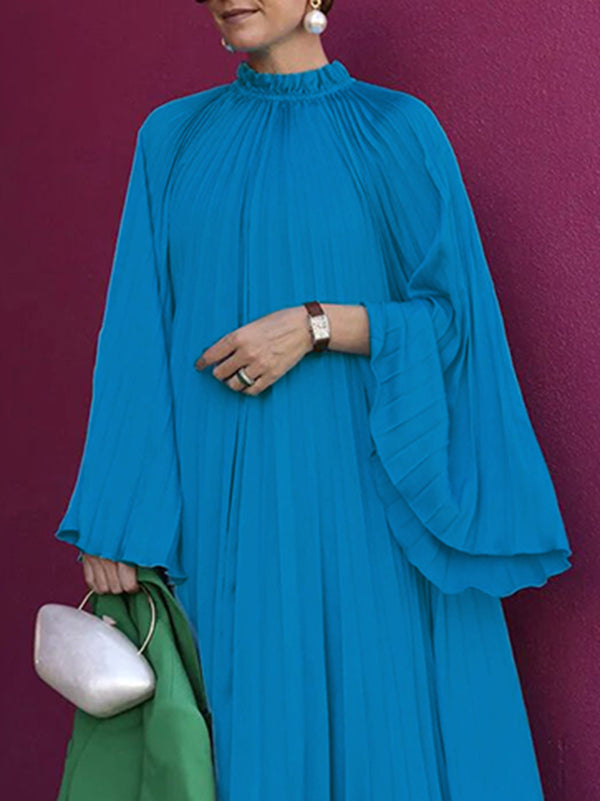 Olivia Bennet | Flared Sleeves Loose Pleated Ruffled Solid Color Split-Joint High Neck Maxi Dresses