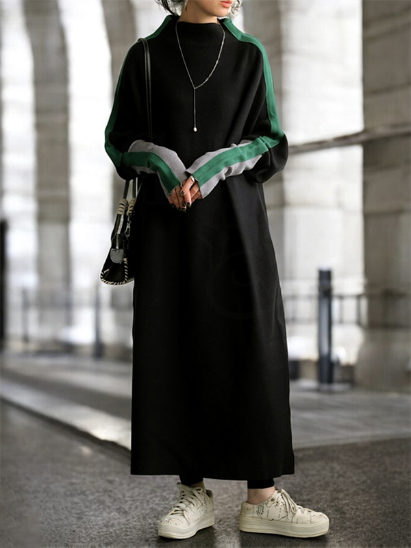 Olivia Bennet | Long Sleeves Loose Contrast Color Stand Collar Maxi Dresses