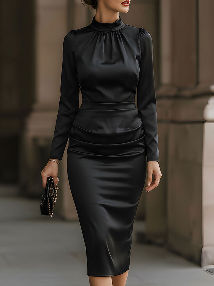 Olivia Bennet | Champagne Gathered-Neck Ruched-Waist Satin Pencil Dress