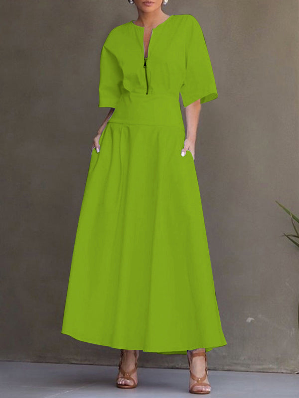 Olivia Bennet | Half Sleeves Loose Solid Color Zipper Round-Neck Maxi Dresses