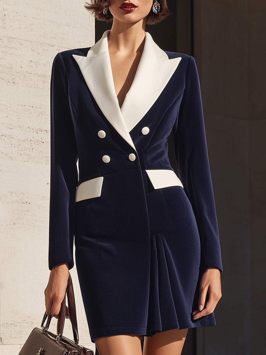 Olivia Bennet | Navy Contrast-Lapel Double-Breasted Blazer Dress