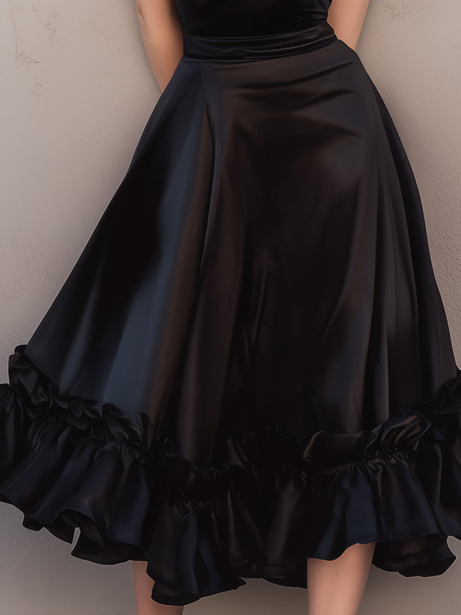 Olivia Bennet | Champagne Ruffled Hem Spaghetti-Strap Satin Midi Dress