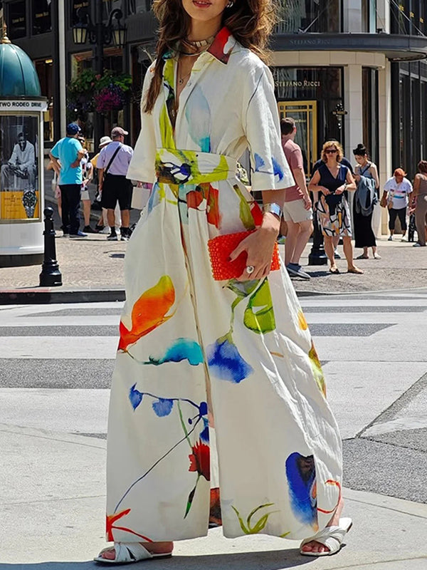 Olivia Bennet | Half Sleeves Loose Asymmetric Printed Split-Joint Tied Waist Lapel Maxi Dresses Shirt Dress