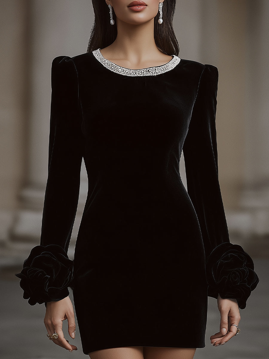Olivia Bennet | Embellished Neckline, Floral Cuff Velvet Mini Dress