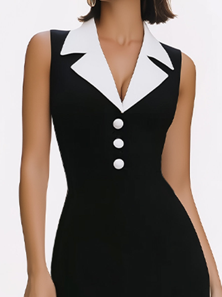 Olivia Bennet | Contrast-Collar Sleeveless Crepe Maxi Pencil Dress