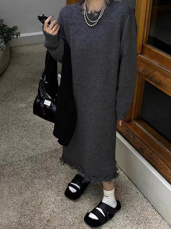 Olivia Bennet | High Waisted Long Sleeves Fringed Solid Color Round-Neck Midi Dresses Sweater Dresses