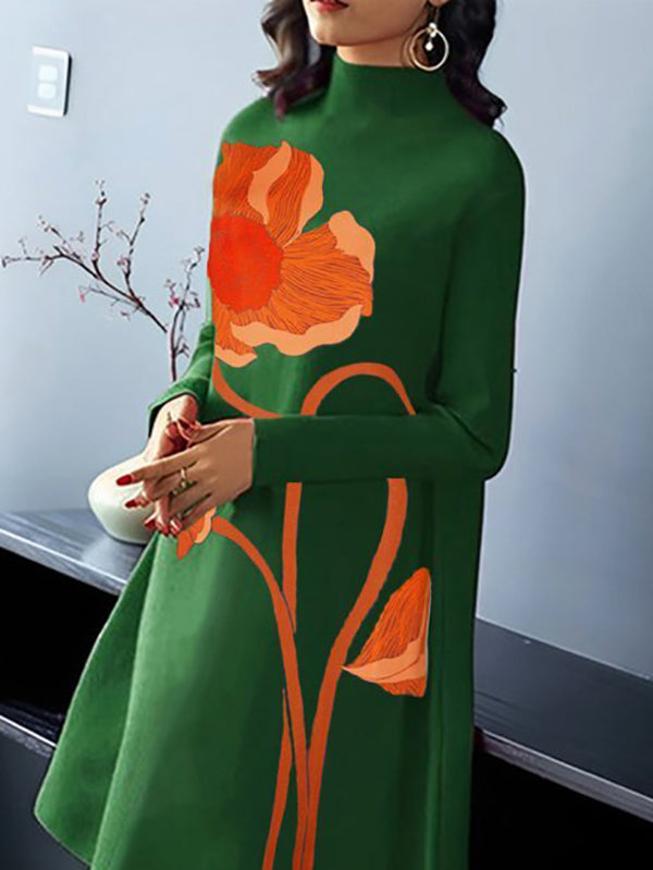 Olivia Bennet | A-Line Long Sleeves Flower Print Split-Joint High Neck Midi Dresses