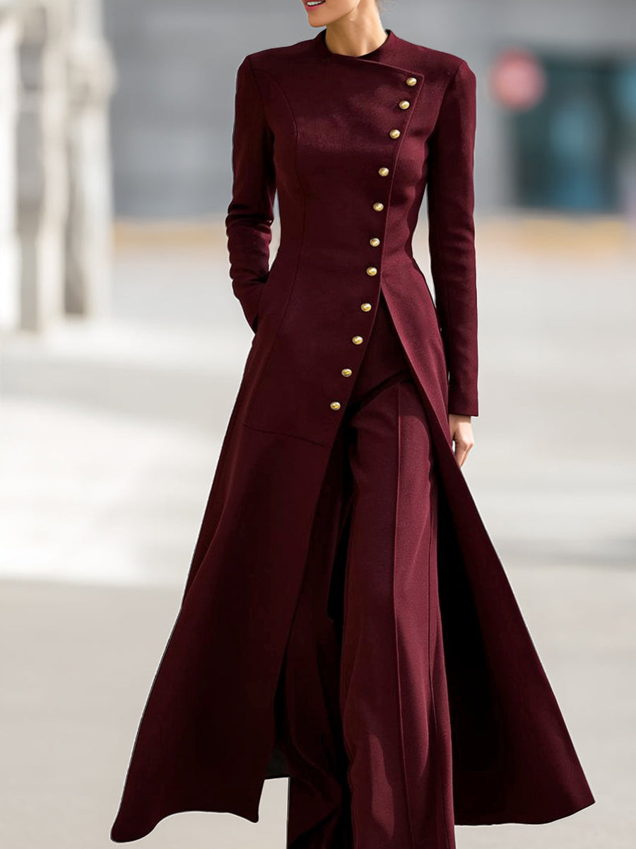 Olivia Bennet | High Waisted Long Sleeves Buttoned Solid Color Split-Front Round-Neck Midi Dresses