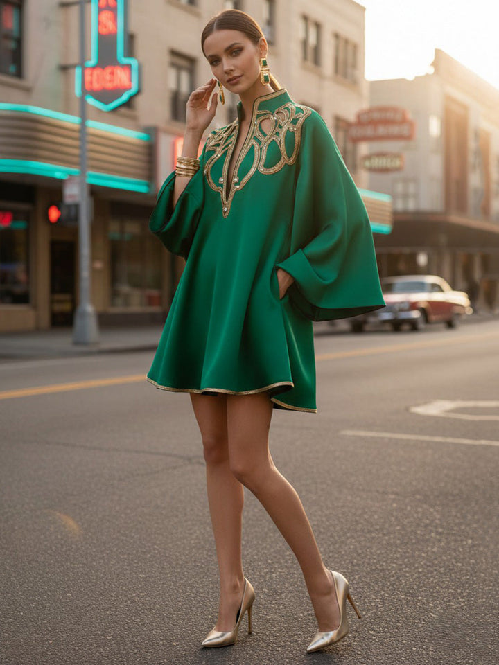 Olivia Bennet | A-Line Long Sleeves Contrast Color Printed Split-Joint Stand Collar Mini Dresses