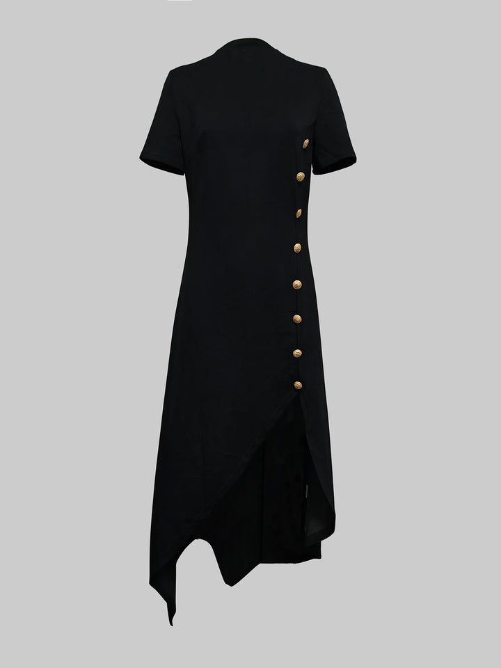 Olivia Bennet | High-low Short Sleeves Buttoned Solid Color Round-neck Maxi Dresses