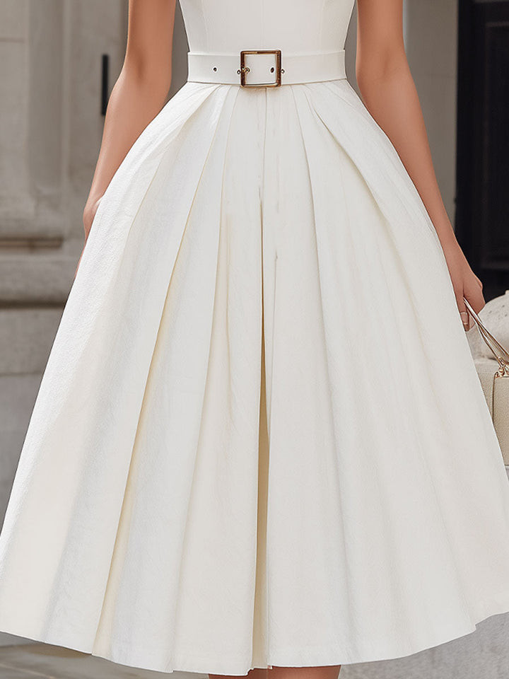 Olivia Bennet | Ivory Halter-Neck Pleated Midi Dress