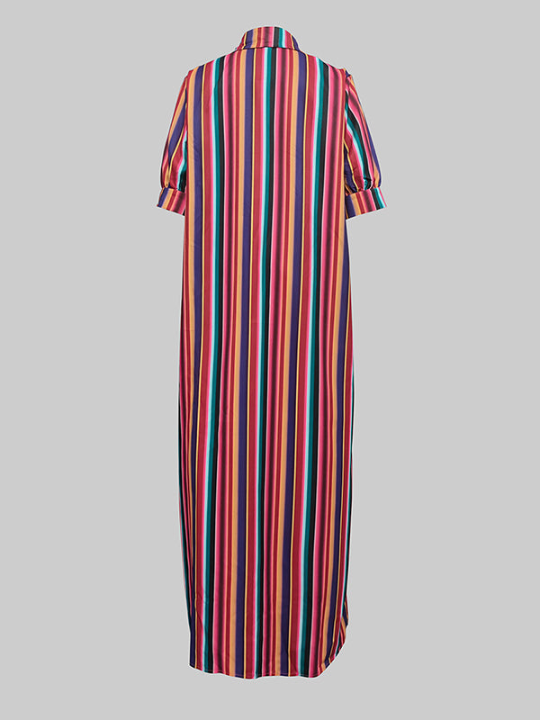 Olivia Bennet | Long Sleeves Loose Split-Joint Striped Lapel Maxi Dresses Shirt Dress