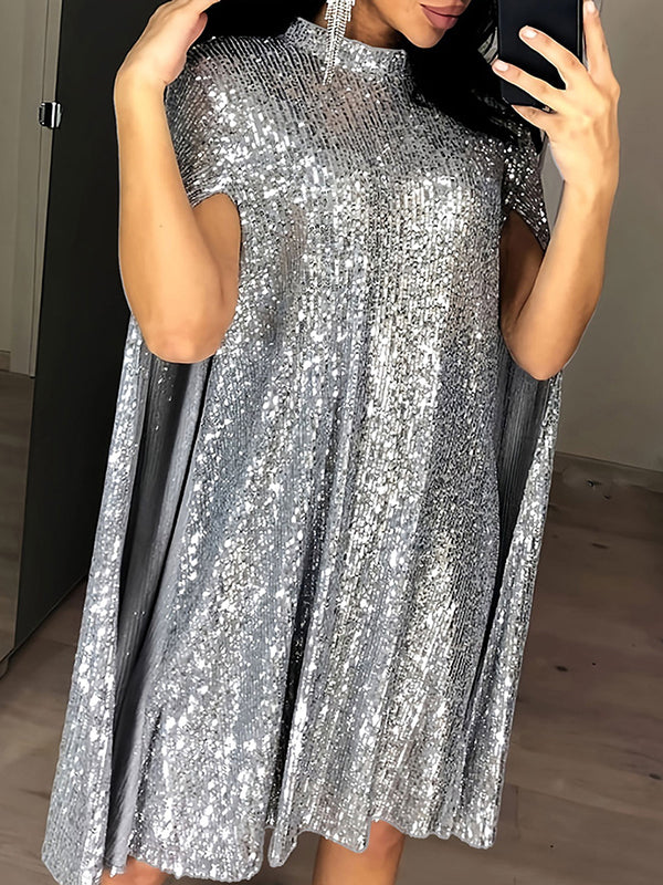 Olivia Bennet | Cape Long Sleeves Sequined Shiny Split-Joint Mock Neck Mini Dresses